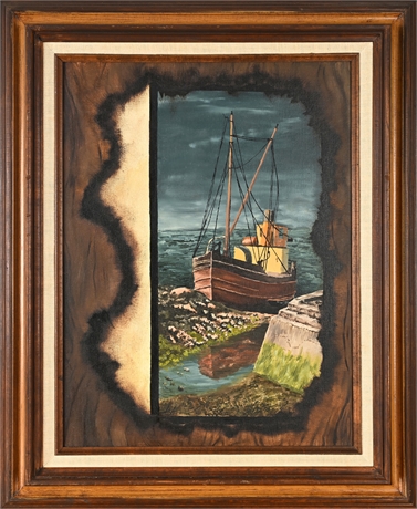 Jay Martinek Surrealist Harbor Scene Oil Painting – Framed, 31.25”