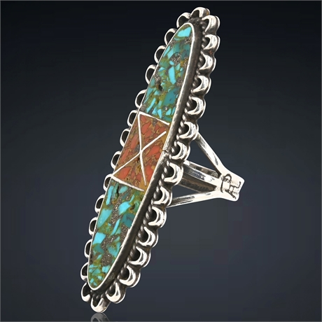 Vintage Navajo Alice Platero Sterling, Crushed Coral & Turquoise Ring