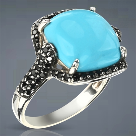 Epiphany Turquoise Diamonique Black Spinel 925 Sterling Silver Ring Size 8-3/4