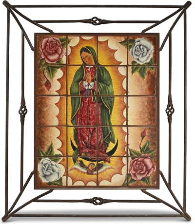 Vintage Virgen De Guadalupe Iron Framed Tile Retablo