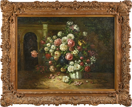 Large Floral Still Life by H. Gariner, Oil on Canvas with Ornate Gilt Frame