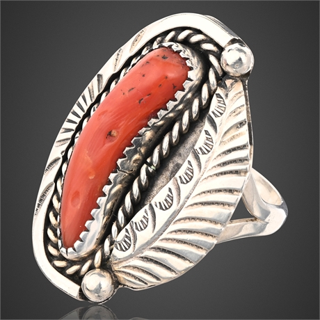 Vintage Navajo Coral & Sterling Silver Ring, Size 8.5