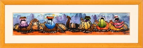 Peruvian Andean Cholita Market Frieze Watercolor on Pig Skin, 2003