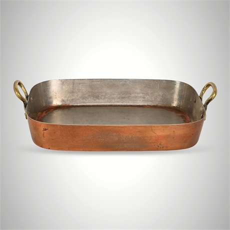 Tin-Lined Copper Roasting Pan with Brass Handles, Twin-Handled Roaster