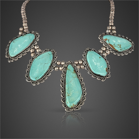 Minnie Thomas Navajo Sterling Silver Necklace w/ Natural Turquoise & Bench Beads