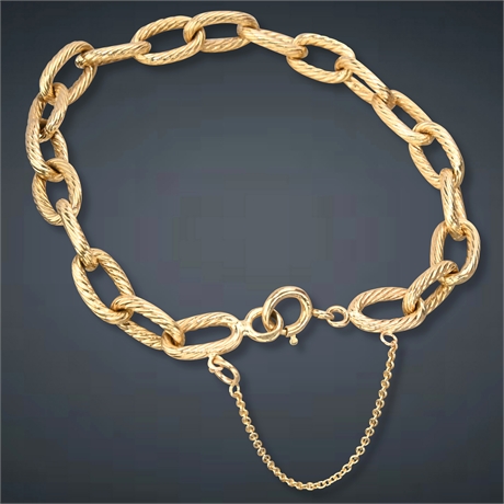 14K Yellow Gold Twisted Rope Oval Link Bracelet with Safety Chain