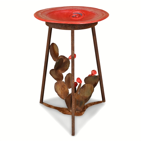Prickly Pear Cactus Iron Birdbath with Red Ceramic Basin, Signed NJ 2021