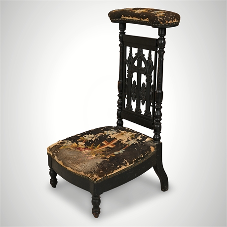 French Gothic Revival Prayer Chair, Ca. 1870, Ebonized & Needlepoint