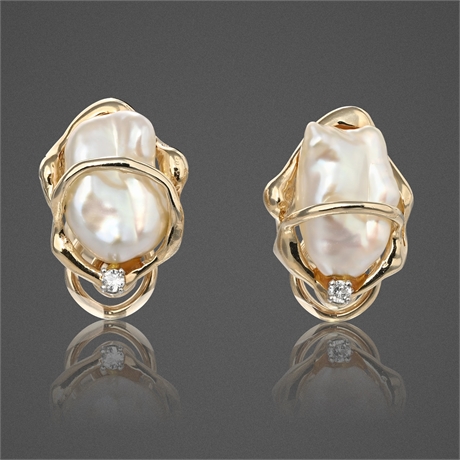 14K Yellow Gold Baroque Pearl & Diamond Clip-On Earrings, 7.58 g