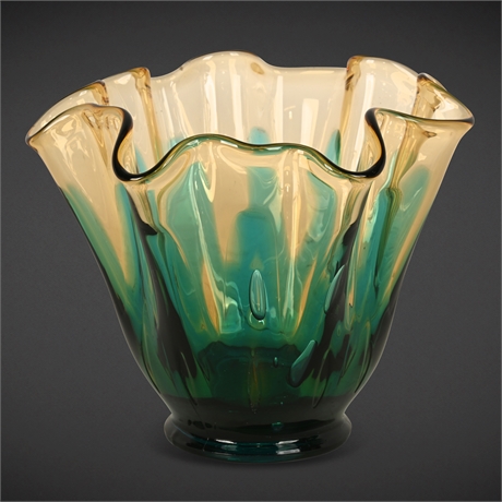 Emerald & Amber Ruffled Hand-Blown Art Glass Vase — Fostoria-Style