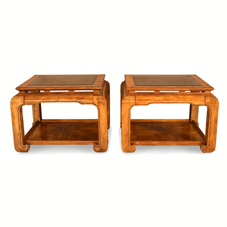 Pair Burled Chinoiserie Ming Style Side Tables w/ Glass