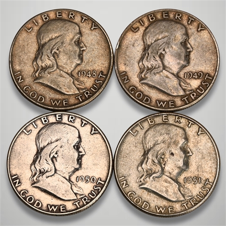 (4) 1948 - 1951 Franklin Silver Half Dollars