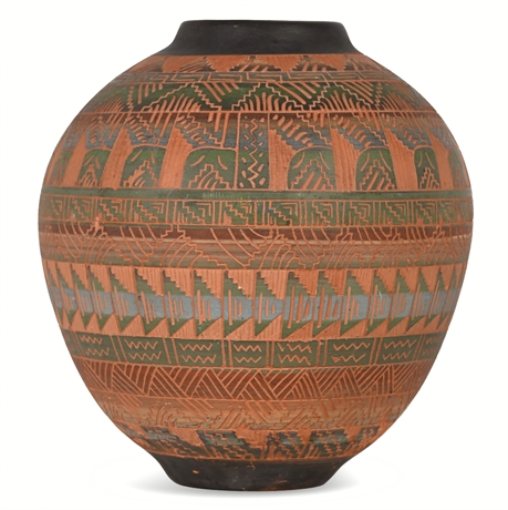 Navajo Pottery Vase by J. Martinez — Sgraffito & Painted Geometric Bands