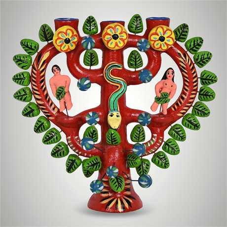Ortega Signed Mexican Folk Art Tree of Life Candelabra — Adam, Eve & Serpent