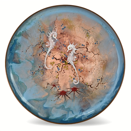 Sagitta Holland Enamel on Copper Plate with Seahorses, Signed​​​​​​​