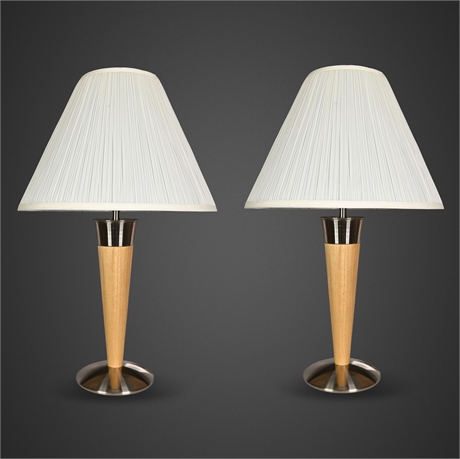 Pair of Emess Lighting Modern Torchère-Form Table Lamps in Wood & Brushed Nickel