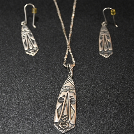 Sterling Silver Tribal Mask Earring and Necklace Set
