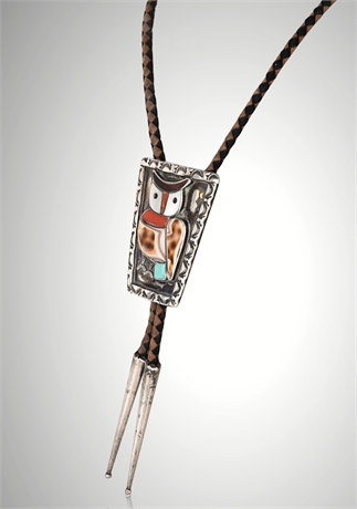 VB Lesansee Zuni Sterling Silver Owl Inlay Bolo Tie – Coral, Shell & Turquoise
