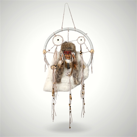 Hand-Painted Ceramic Mask with Fur, Leather & Dreamcatcher Accents
