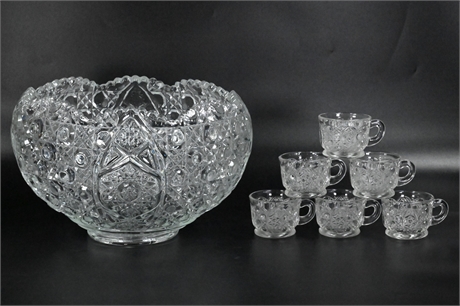 Vintage Pressed Glass Punch Bowl Set