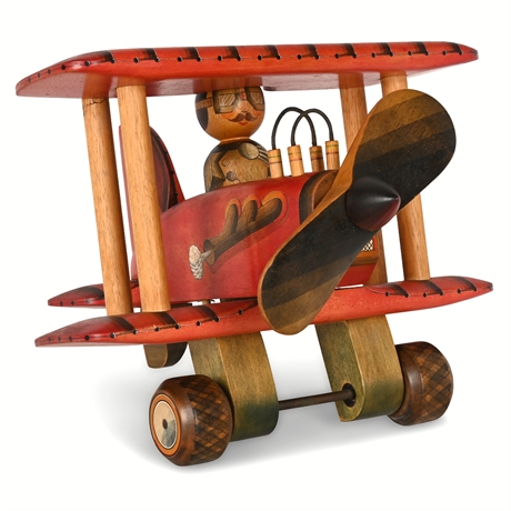 Handcrafted “Baron” Wooden Biplane Toy – Signed “Nil”, Made in England