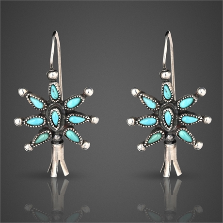 Vintage Zuni Sterling Silver Squash Blossom Earrings w/ Turquoise
