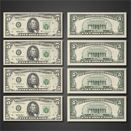1995 $5 Federal Reserve Notes – 4 Consecutive UNC – St. Louis