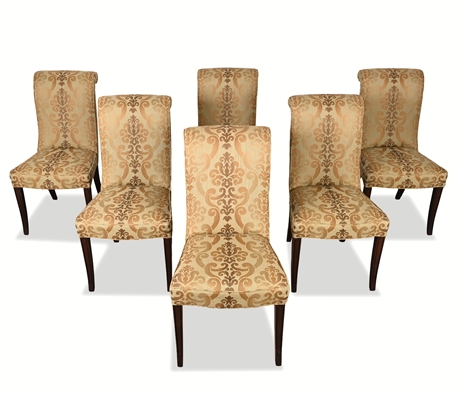 Set of 6 Upholstered Dining Chairs – Damask Fabric, Rolled Backs