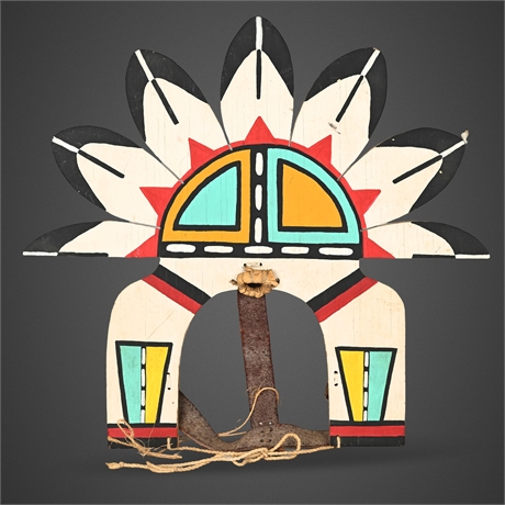 Hopi Painted Wood Ceremonial Tableta Depicting Tawa Sunface