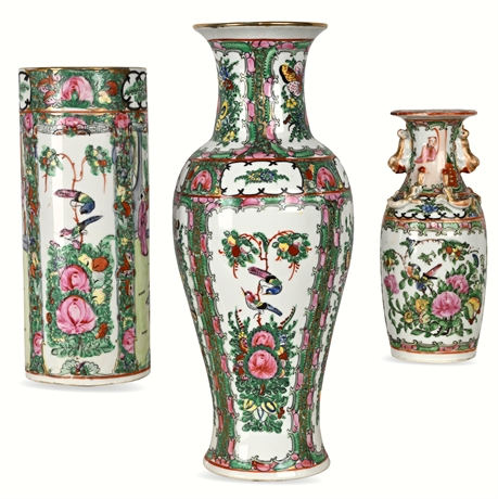Famille Rose Vases – China & HK Decorated, Set of 3, Mid-20th C.