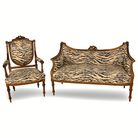 Antique Louis XVI Style Settee & Armchair Set – Hand-Carved Walnut