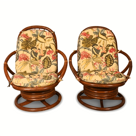 Clark Casual Rattan Swivel Chairs w/ Tufted Cushions — Pair