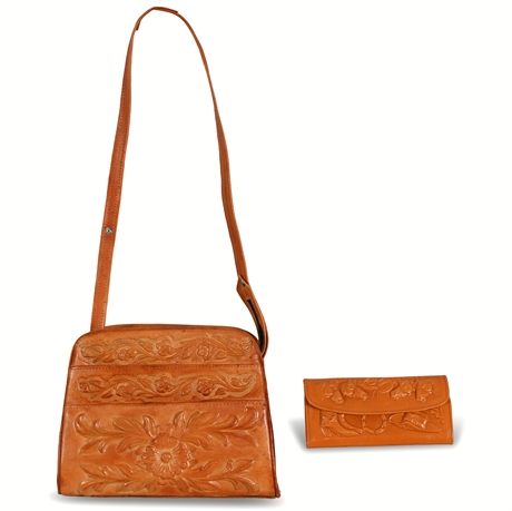 Vintage Mexican Tooled Leather Purse & Wallet Set