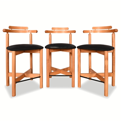 Set of 3 Postmodern Birch Bar Stools with Black Suede Seats and X-Stretcher Base
