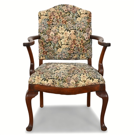 Queen Anne Style Antique Armchair with Floral Upholstery