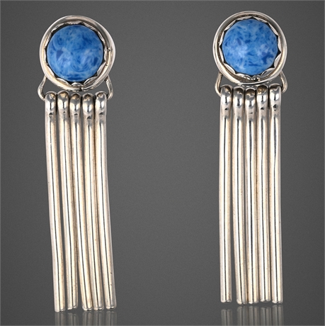 Sterling Silver Earrings with Denim Lapis Cabochons & Fringe Drops