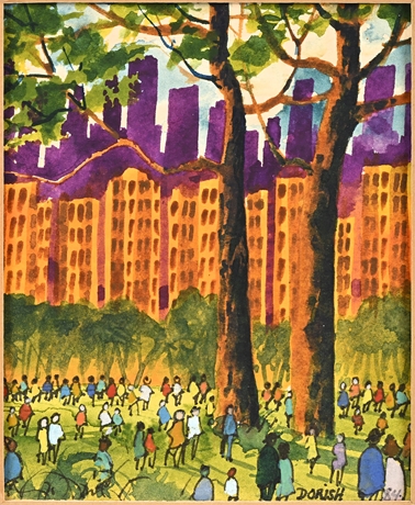 John Dorish Original Watercolor 1984 — NYC Park Scene, Signed