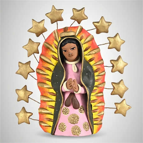 Vintage Our Lady of Guadalupe Clay Folk Art Plaque w/ Star Halo