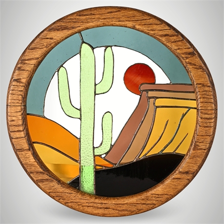 Sun Over the Mesa — Southwestern Stained Glass Art in Oak Frame, 14"