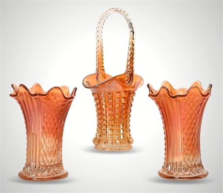 Fenton & Imperial Marigold Carnival Glass Set – 3-Piece, Diamond Point & Waffle