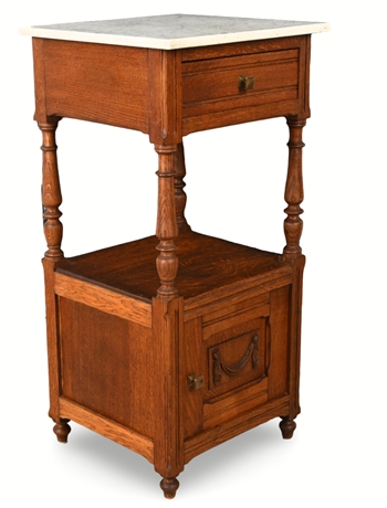 Antique Victorian Oak Washstand with Marble Top and Brass Hardware