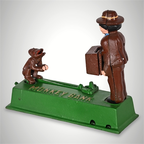 Monkey Cast Iron Mechanical Bank — Hand Painted Reproduction