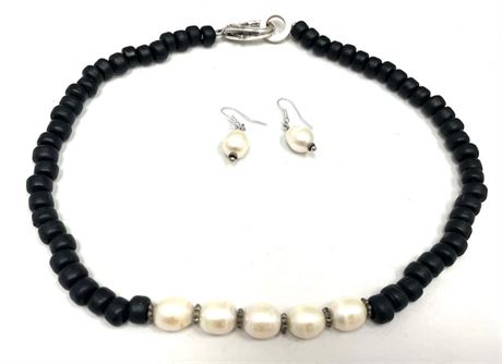 Pearl and Black Wood Bead Necklace and Earrings Set