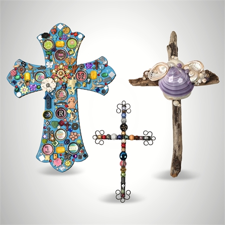 Set of 3 Handmade Wall Crosses — Wood, Shell, Beaded & Mixed Media (3 Pc)