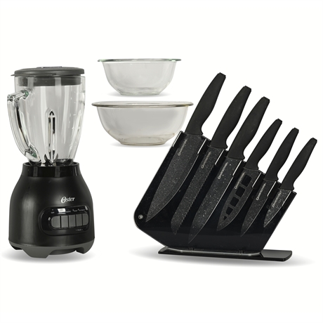 Kitchen Essentials Bundle: Oster® Blender, Granite Stone Knife Set & Pyrex Bowls