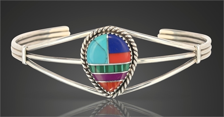 Vintage Sterling Silver & Multi-Stone Inlay Cuff Bracelet