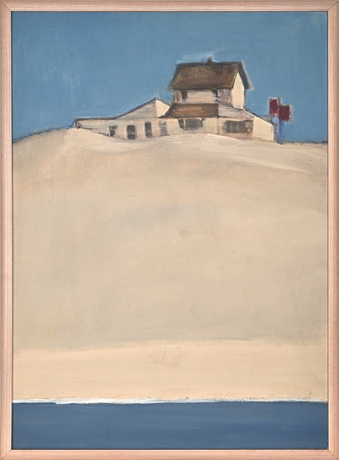 Hopperesque Coast Guard Station, Mixed Media on Panel, Framed