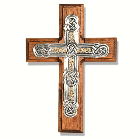 16" Monica Luna Spanish Pine Celtic Knot Cross Metal Overlay