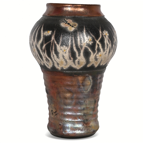 Hand-Thrown Raku Pottery Vase with Butterfly & Flame Design — 8.75"