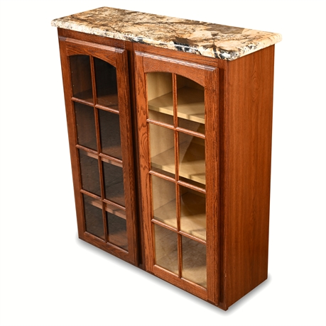 Pair of Oak Display Cabinets with Granite Top – Glass Doors, Adjustable Shelves